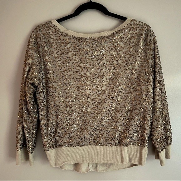 AMERICAN EAGLE OUTFITTERS Rose Gold Sequin Cardigan 3/4 Sleeve Medium Sweater - Picture 3 of 12